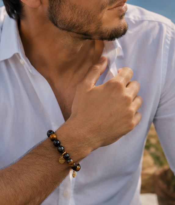 Bracelet Éclipse Œil de Tigre • Obsidienne • Hématite