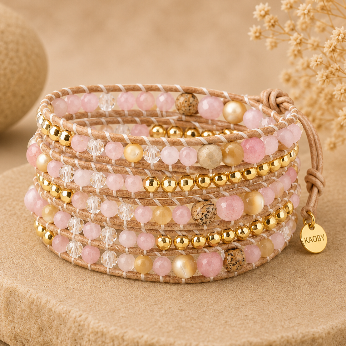 Bracelet Wrap Féminin Rose – Charme Naturel et Confort Ajustable