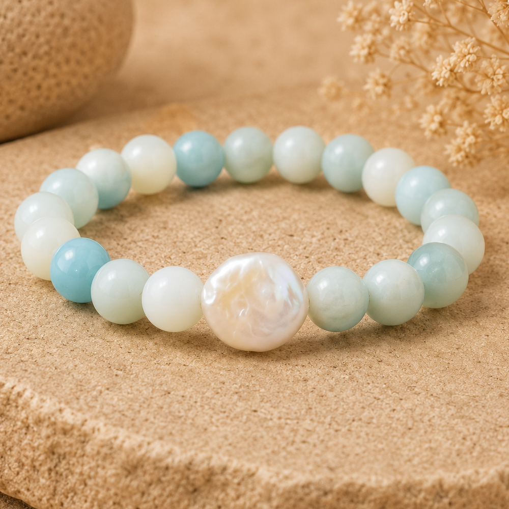 Bracelet Élégant en Amazonite Naturelle & Perles Baroques