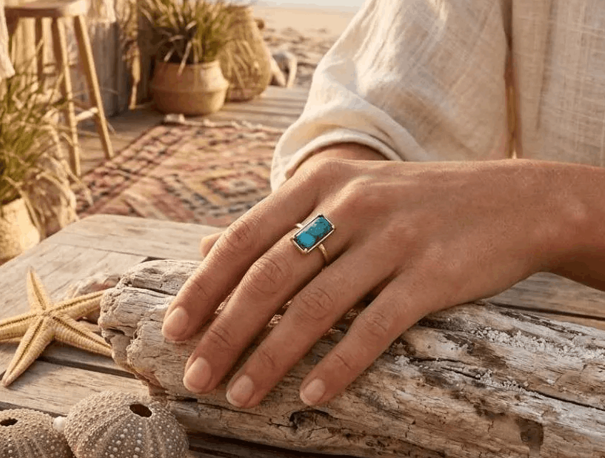 Bague Bohème Double Turquoise – Bijou Fait Main en Cuivre