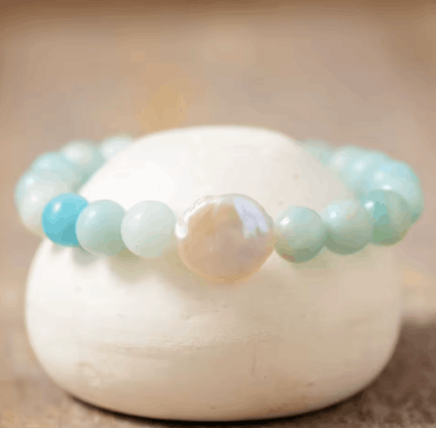Bracelet Élégant en Amazonite Naturelle & Perles Baroques
