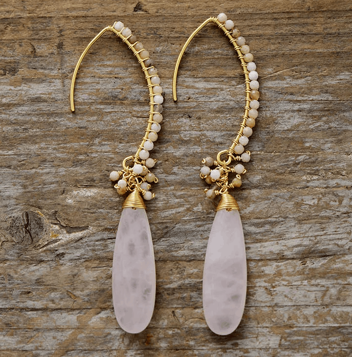 Boucles d’Oreilles Bohème Chic Pendantes – Femme | Quartz Rose & Améthyste