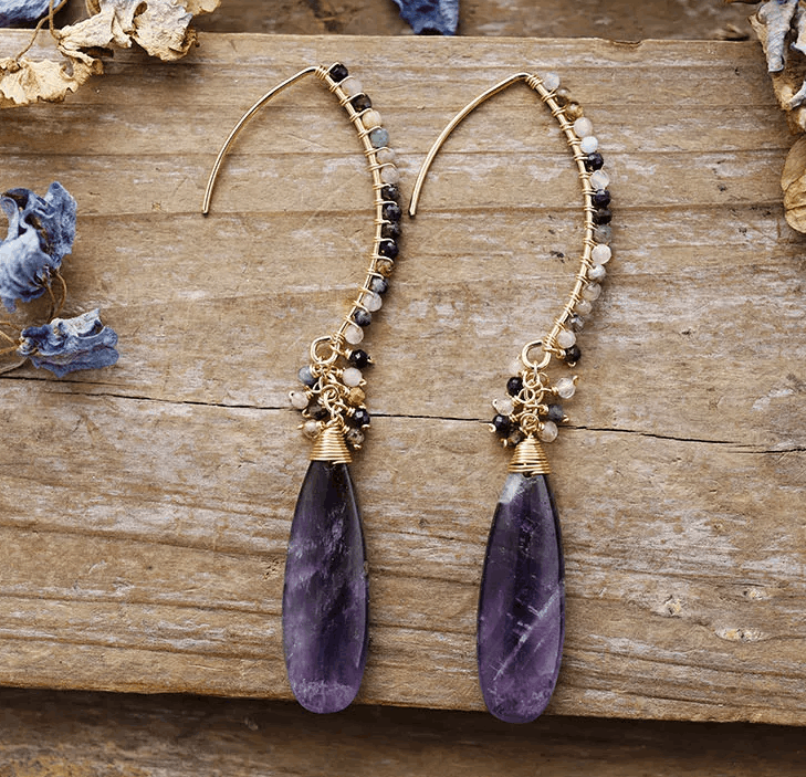 Boucles d’Oreilles Bohème Chic Pendantes – Femme | Quartz Rose & Améthyste
