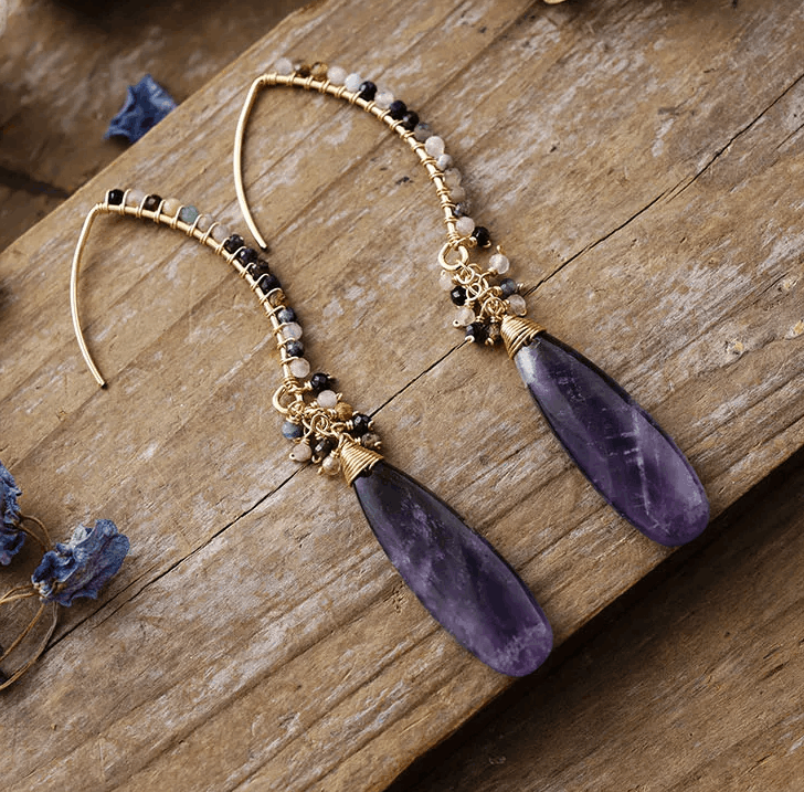 Boucles d’Oreilles Bohème Chic Pendantes – Femme | Quartz Rose & Améthyste