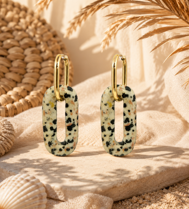 Boucles d'Oreilles Jaspe Dalmatien & Anneau Doré – Style Bohème Chic