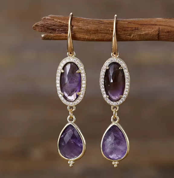 Boucles d'Oreilles Pendantes en Amethyste Naturelle