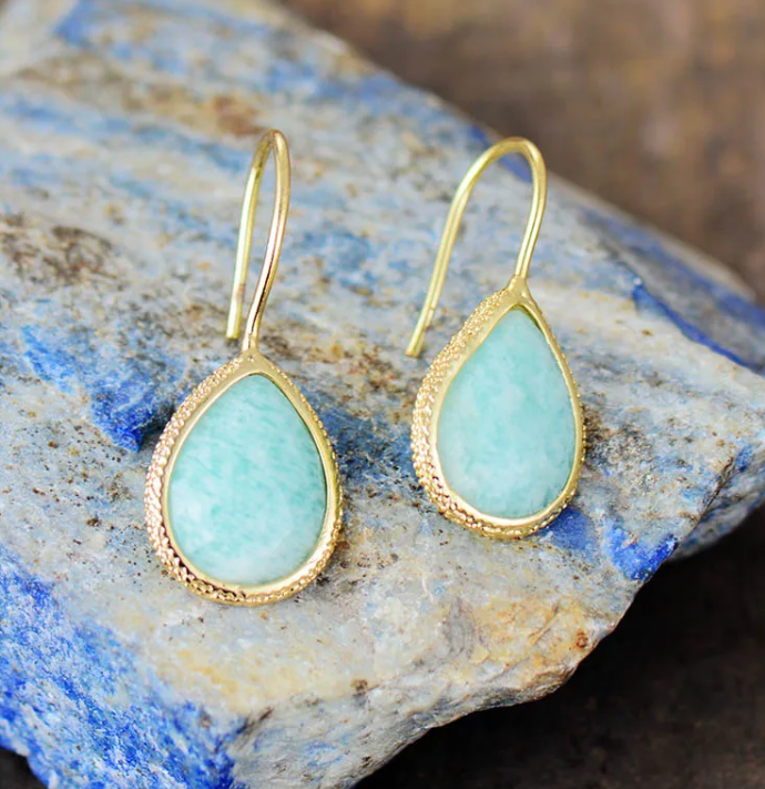 Boucles d’oreilles goutte d’eau en pierre naturelle – Amazonite ou Rhodonite femme
