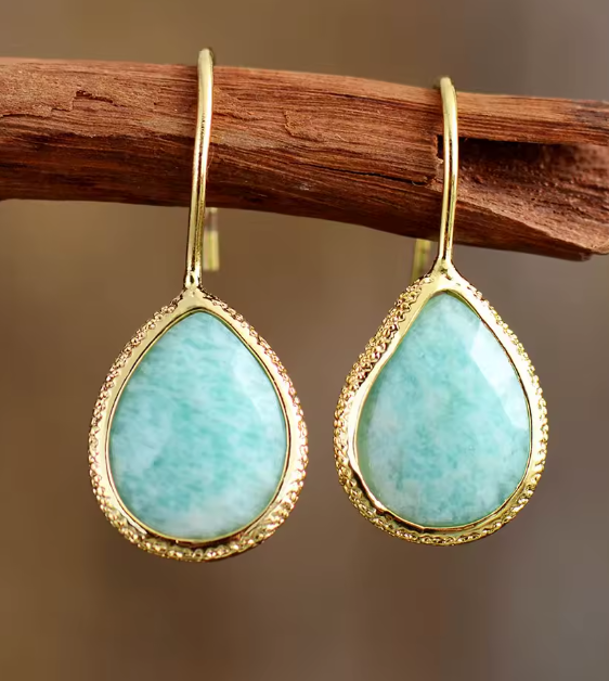 Boucles d’oreilles goutte d’eau en pierre naturelle – Amazonite ou Rhodonite femme