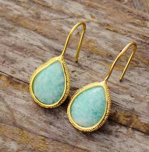 Boucles d’oreilles goutte d’eau en pierre naturelle – Amazonite ou Rhodonite femme