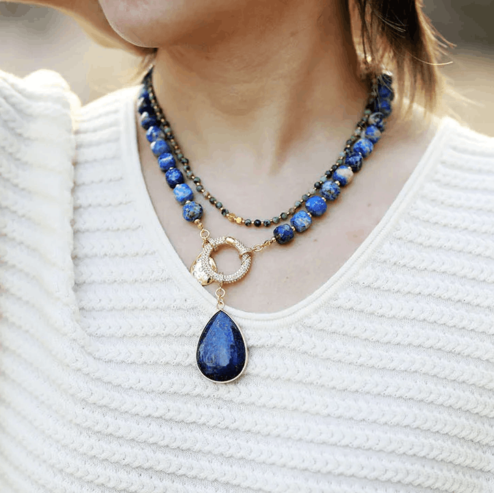 Collier de Luxe Femme avec Pendentif en Lapis-Lazuli Naturel