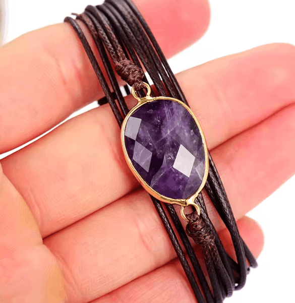 Bracelet Enroulé en Cuir & Améthyste Naturelle Facettée pour Femme