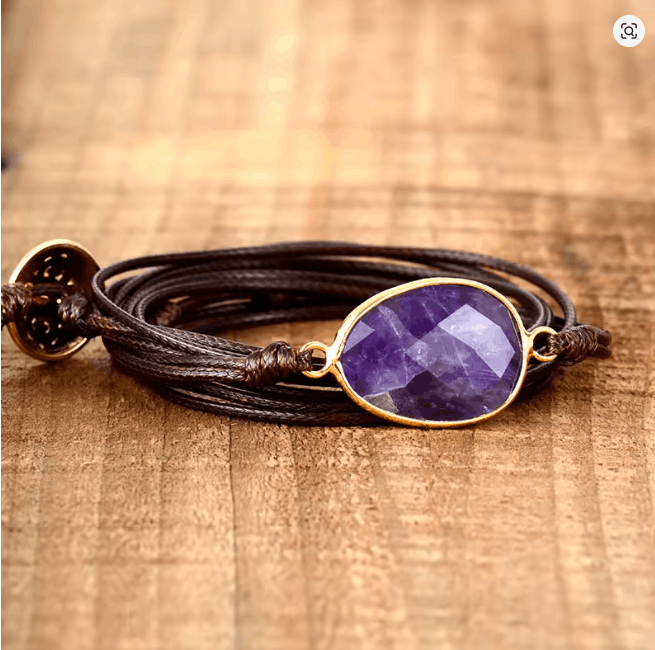 Bracelet Enroulé en Cuir & Améthyste Naturelle Facettée pour Femme