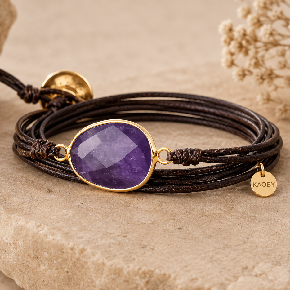 Bracelet Enroulé en Cuir & Améthyste Naturelle Facettée pour Femme