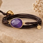 Bracelet Enroulé en Cuir & Améthyste Naturelle Facettée pour Femme