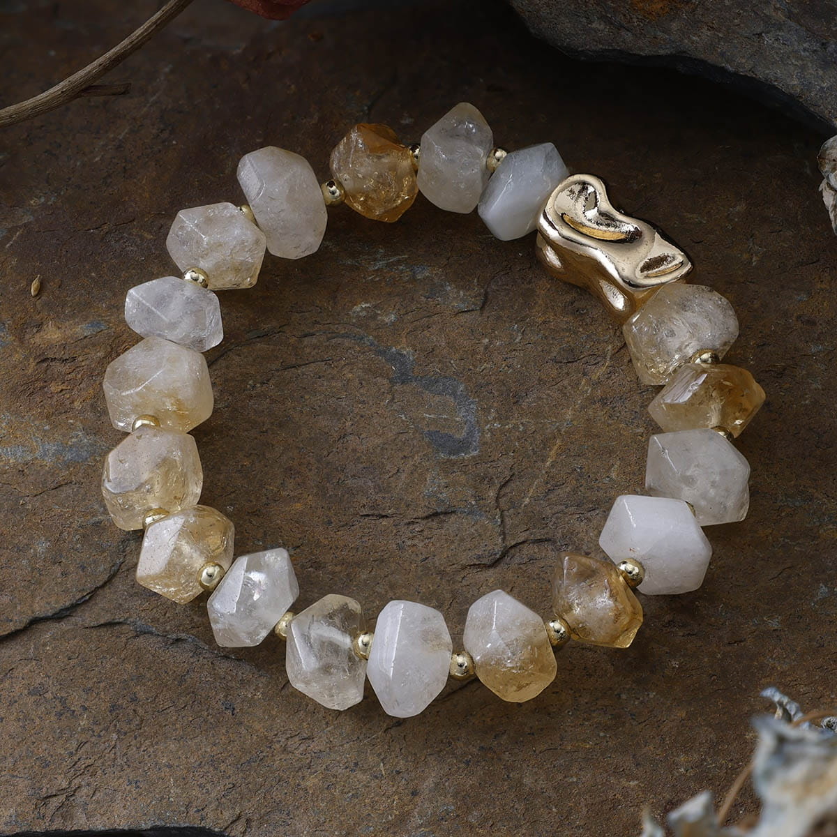 Bracelet Unisexe en Pierres Naturelles – Citrine ou Jaspe Noir | Finition Dorée ou Argentée