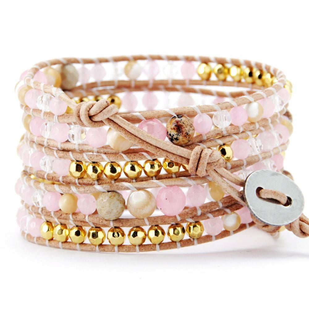 Bracelet Wrap Féminin Rose – Charme Naturel et Confort Ajustable