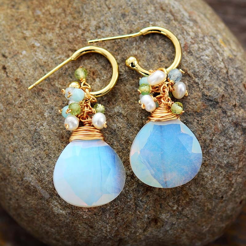 Boucles d’Oreilles Élégantes Opale Turquoise & Cristal