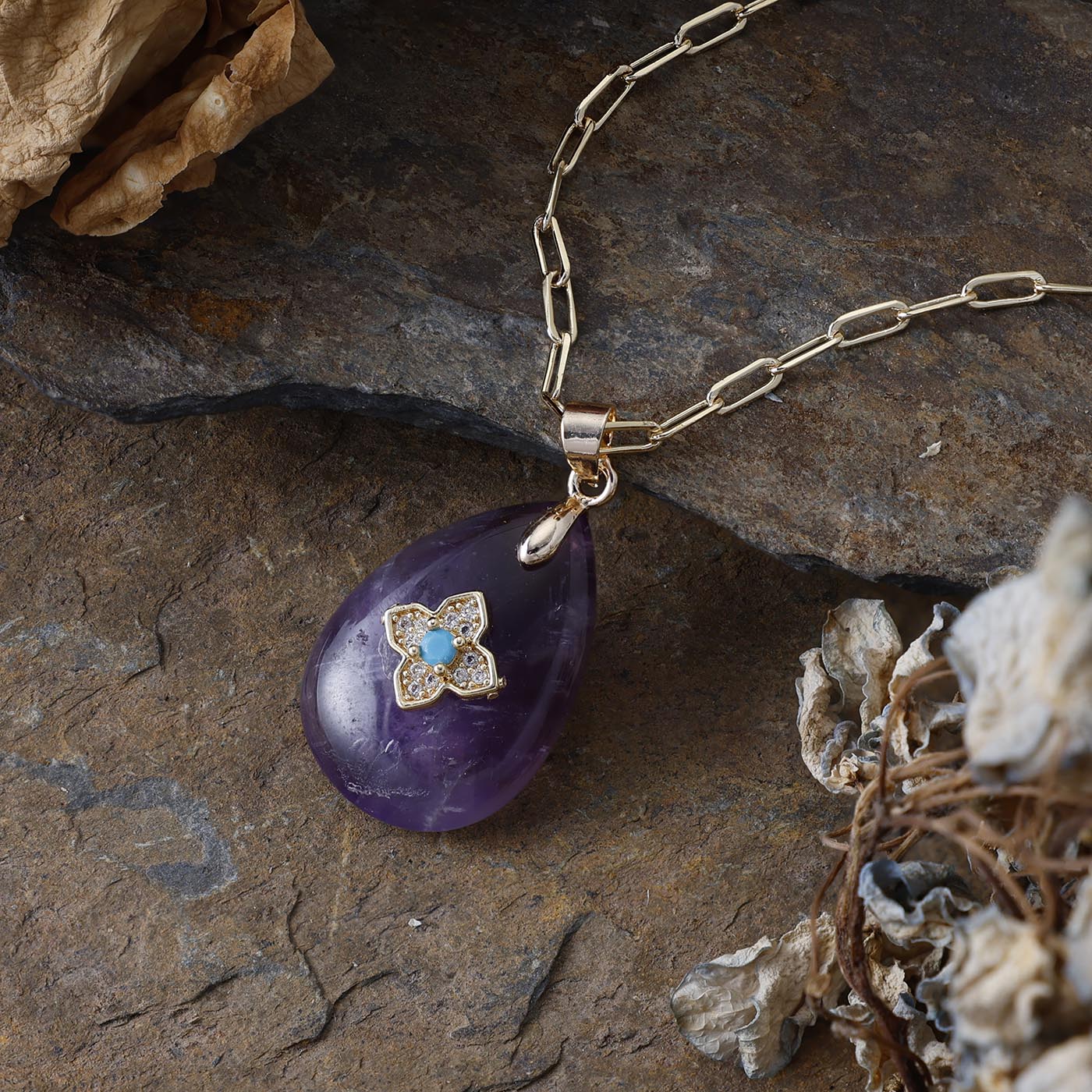 Collier Pendentif en Pierre Naturelle – Améthyste ou Œil de Tigre | Plaqué Or