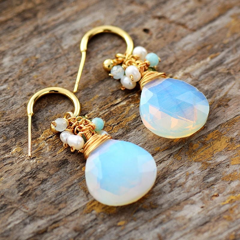 Boucles d’Oreilles Élégantes Opale Turquoise & Cristal