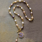 Collier Lariat en Perles d’Eau Douce & Pendentif Fleur en Zircon Plaqué Or