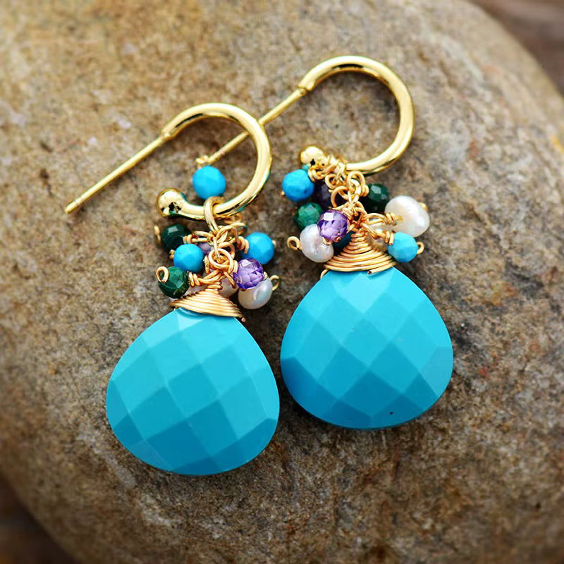 Boucles d’Oreilles Élégantes Opale Turquoise & Cristal
