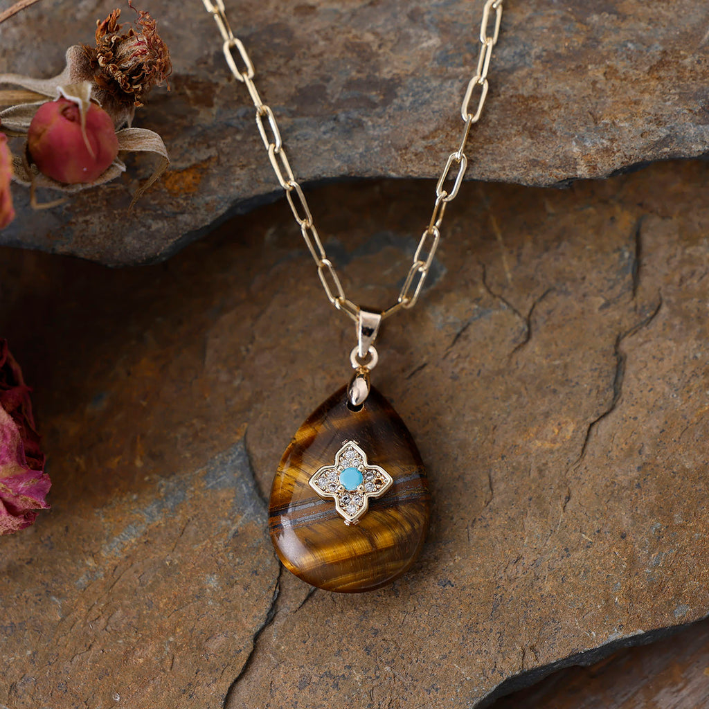 Collier Pendentif en Pierre Naturelle – Améthyste ou Œil de Tigre | Plaqué Or