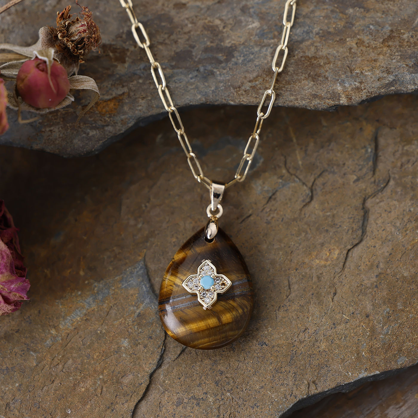 Collier Pendentif en Pierre Naturelle – Améthyste ou Œil de Tigre | Plaqué Or