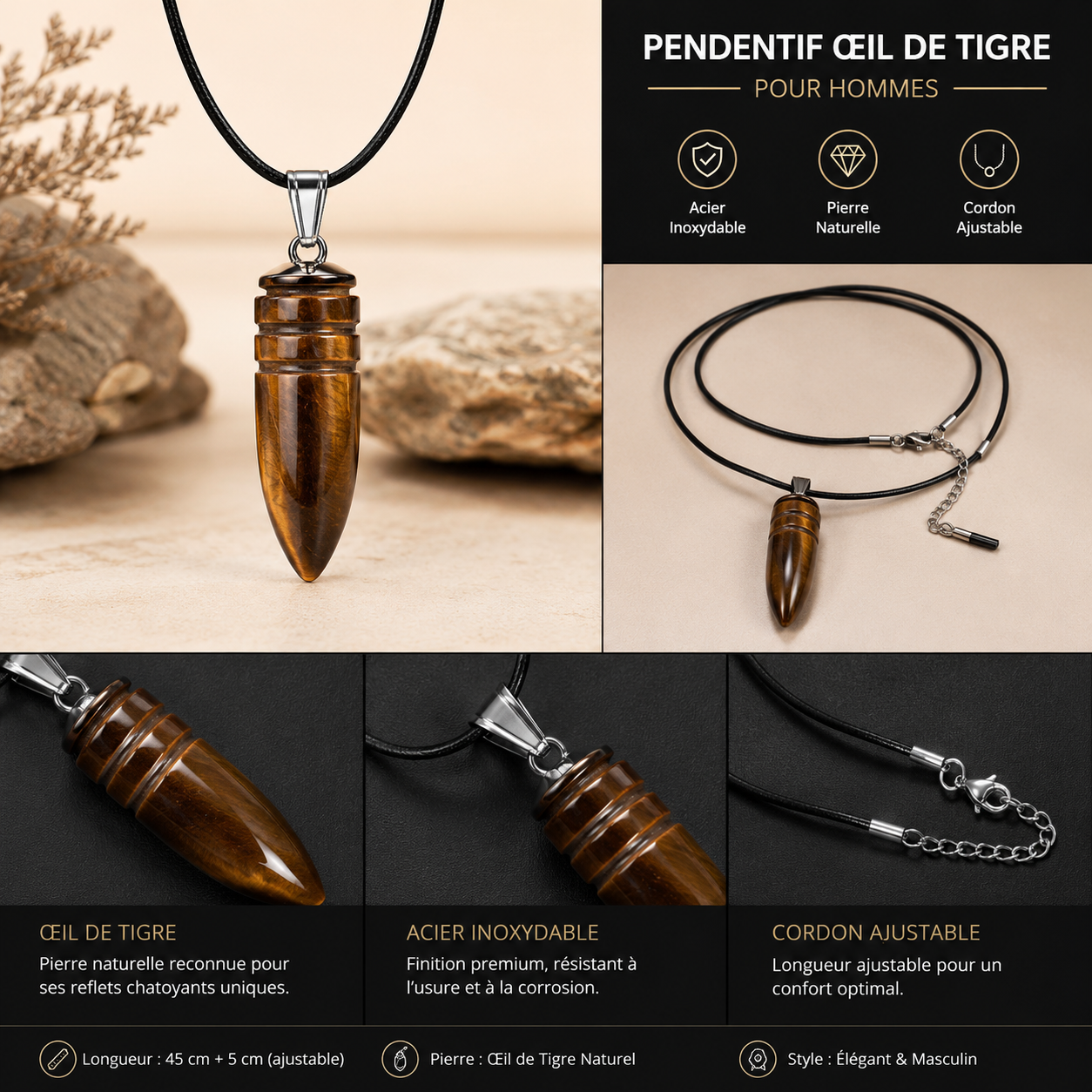 Pendentif Homme Œil de Tigre – Pointe Premium | KAOBY®